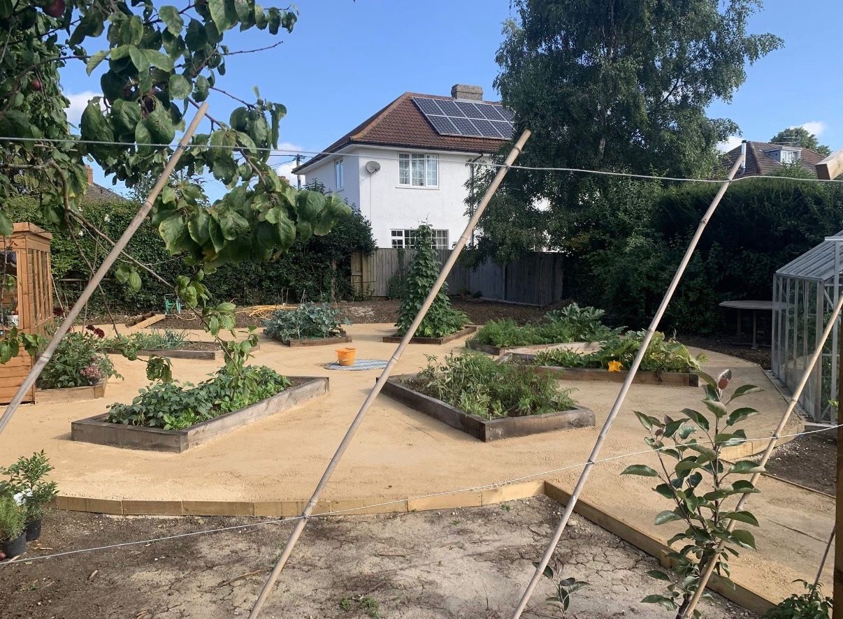 Landscaped vegetable garden with raised beds